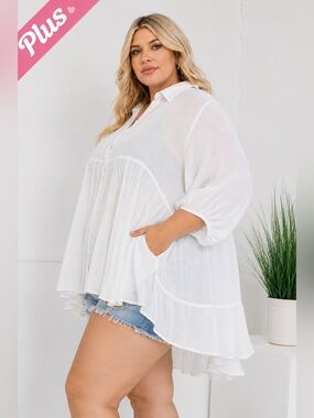 Plus Size White Peasant Tunic Top - Lightweight Button-Front - 734-737